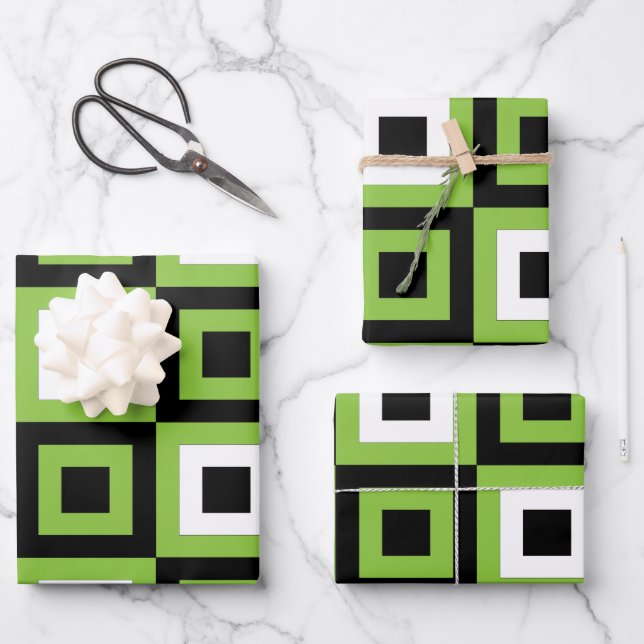 Green White Black Squares Geometric  Wrapping Paper Sheets (Front)