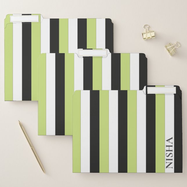 Green White Black Stripes Name File Folder (Set)