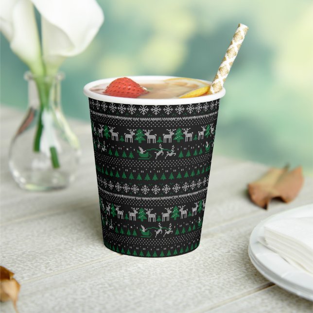 Green White Black Ugly Christmas Sweater Party Paper Cups (Insitu)
