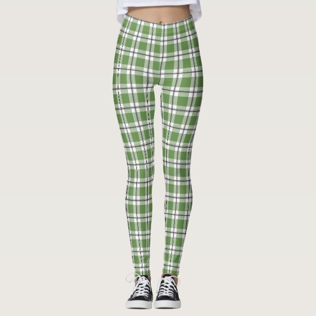 Green White & Black Vintage Plaid Flannel Pattern Leggings (Front)