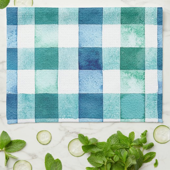 Green White Blue Plaid Stripes Christmas Kitchen Towel (Folded)