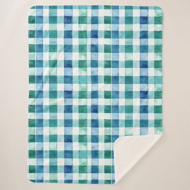 Green White Blue Plaid Stripes Christmas Sherpa Blanket (Front)