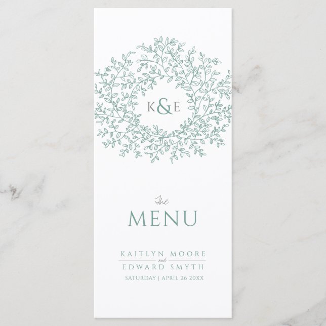Green white botanic leaf drawing monogram wedding menu (Front)