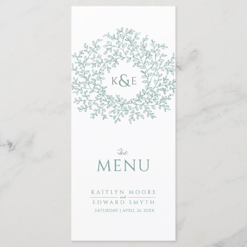 Green white botanic leaf drawing monogram wedding menu