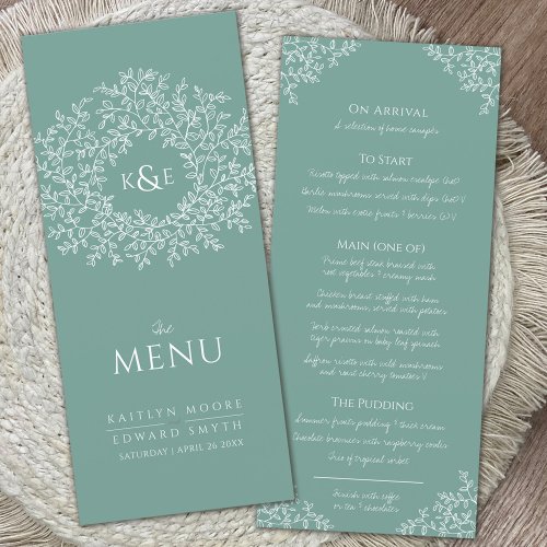 Green white botanic leaf drawing monogram wedding menu