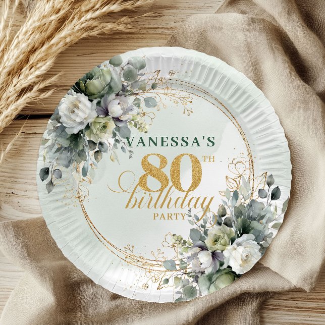 Green White Botanical 80th Birthday Party Plates (Green White Botanical 80th Birthday Party Plates)