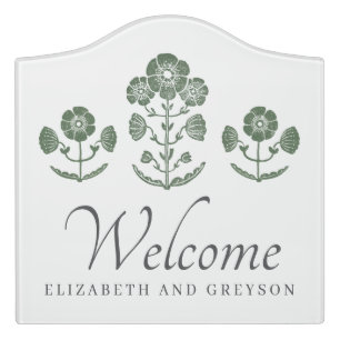 Green & White Botanical Block Print Door Sign