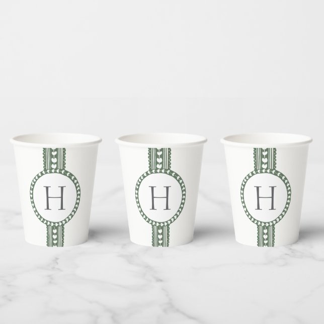 Green & White Botanical Block Print Paper Cups (Multi)