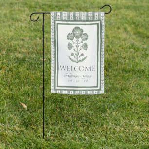 Green & White Botanical Block Print Wedding Garden Flag