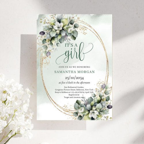 Green White Botanical Design It’s A Girl Invitatio Invitation