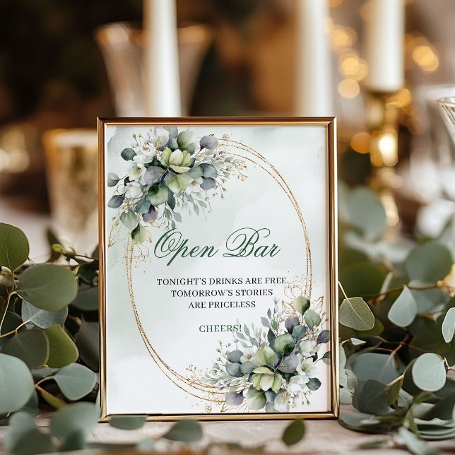 Green White Botanical Open Bar Tabletop Sign (Green White Botanical Open Bar Tabletop Sign)