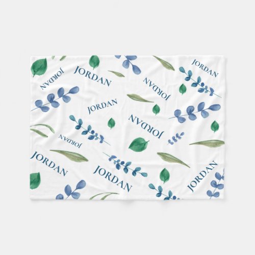 Green White Botanical watercolor leaves baby name Fleece Blanket