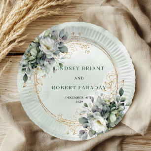 Green White Botanical Watercolor Wedding Paper Plates