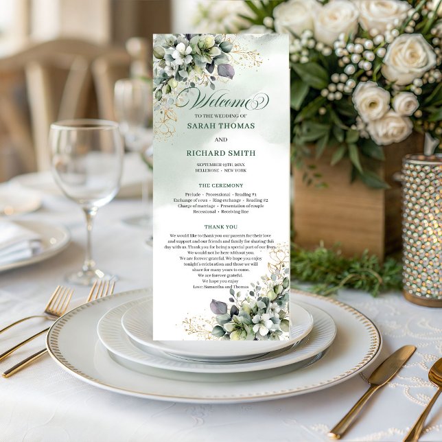 Green White Botanical Watercolor Wedding Program (Green White Botanical Watercolor Wedding Program)