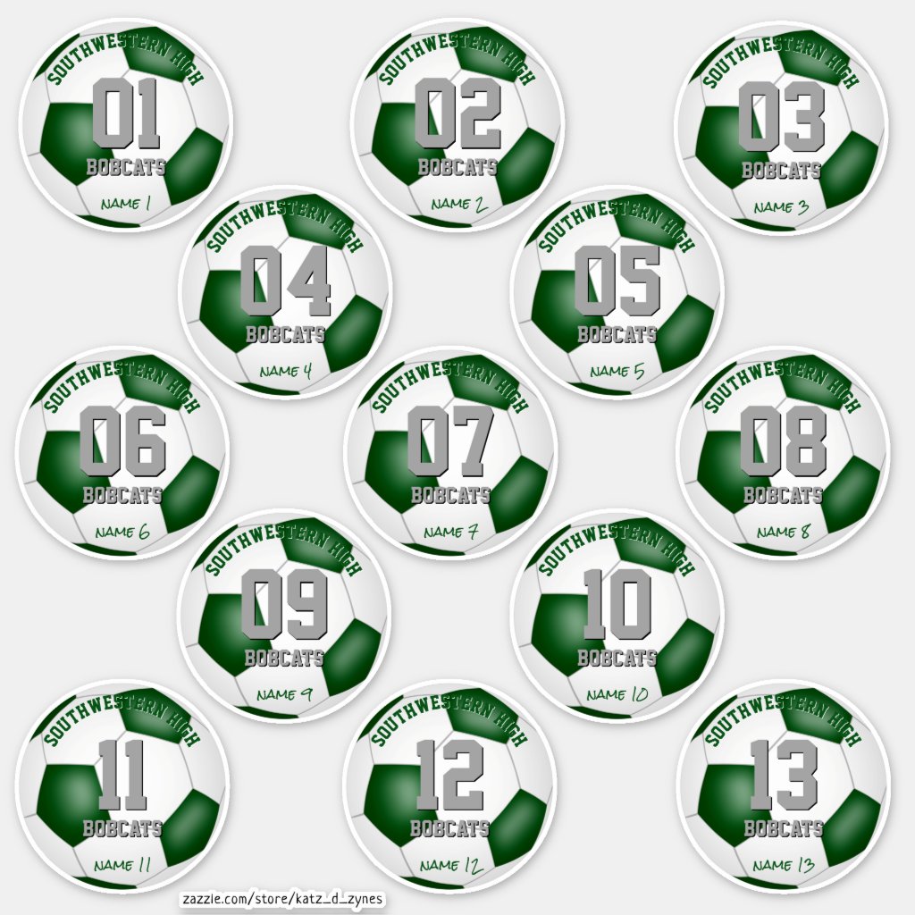 green white boys girls soccer players set of 13 stickers
