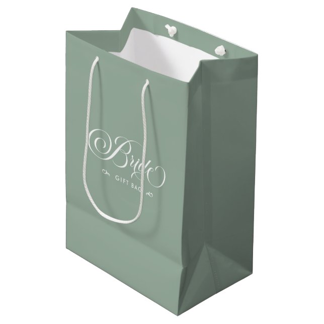Green White Bride Elegant Script Typography Medium Gift Bag (Front Angled)