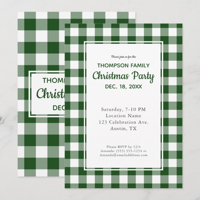 Green White Buffalo Check Christmas Party Invitation (Front/Back)