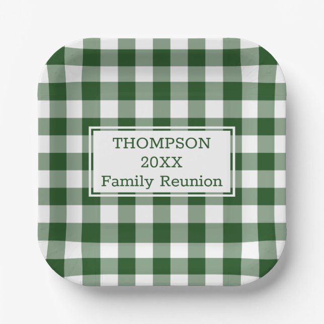 Green White Buffalo Check Family Reunion Paper Plates (Front)
