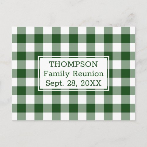 Green White Buffalo Check Family Reunion Party Invitation Postcard