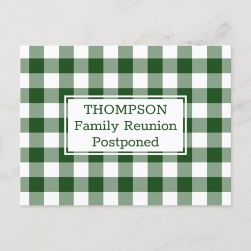 Green White Buffalo Check Postponed Family Reunion Announcement Postcard