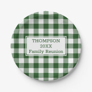 Green White Buffalo Check Your Name Family Reunion Paper Plates