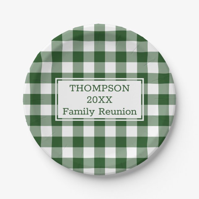Green White Buffalo Check Your Name Family Reunion Paper Plates (Front)