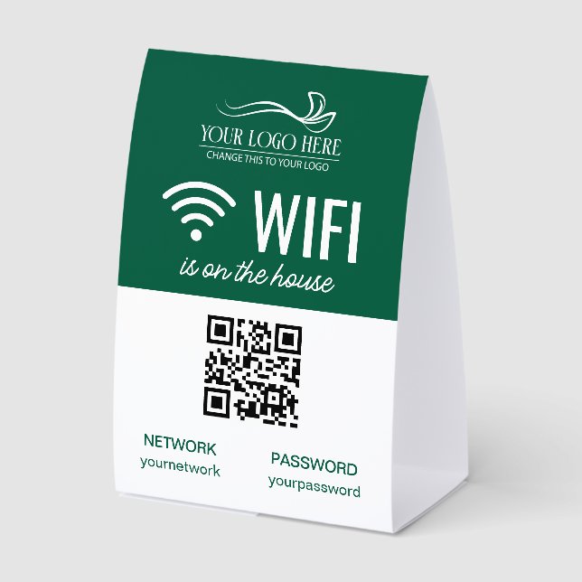 Green White Business WiFi QR Code Logo Paper Table Tent (Front)