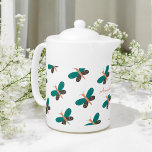 Green White Butterfly Dragonfly Pattern Elegant Teapot<br><div class="desc">Green White Elegant Butterfly Dragonfly pattern teapot. Use personalize this template option to change text. Use Edit tool to change text color.</div>