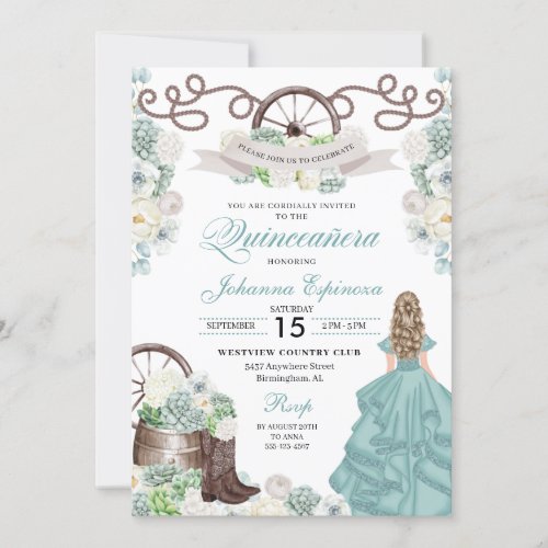 Green White Cacti Western Boots Charra Quinceaera Invitation