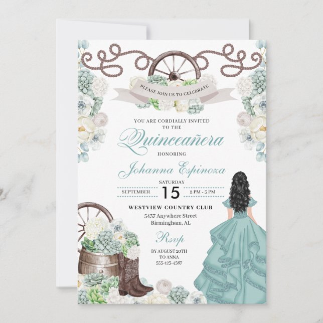 Green White Cacti Western Boots Charra Quinceañera Invitation (Front)