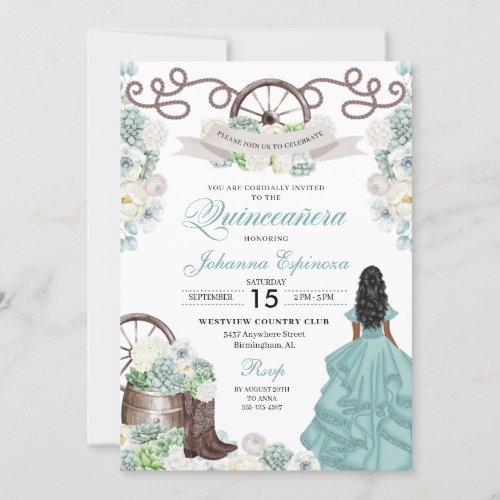 Green White Cacti Western Boots Charra Quinceaera Invitation