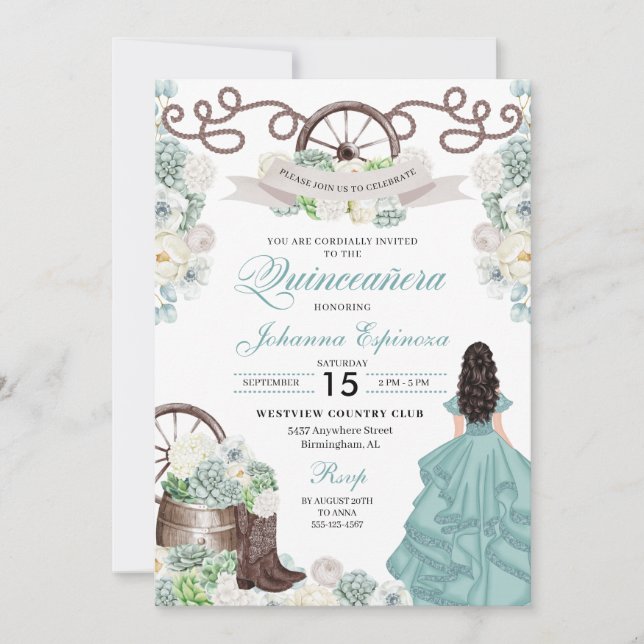 Green White Cacti Western Boots Charra Quinceañera Invitation (Front)