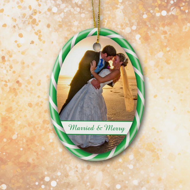 Green White Candy Cane Frame Photo Template Ceramic Ornament (Creator Uploaded)
