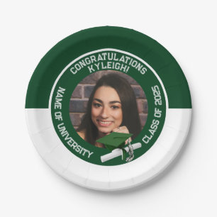 Green & White Cap & Diploma Photo Graduation Paper Plates