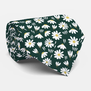 green white chamomile floral pattern neck tie