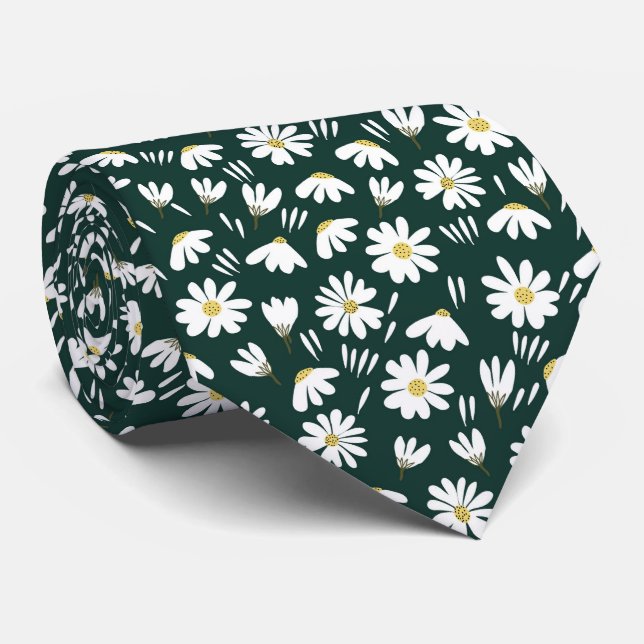 green white chamomile floral pattern neck tie (Rolled)