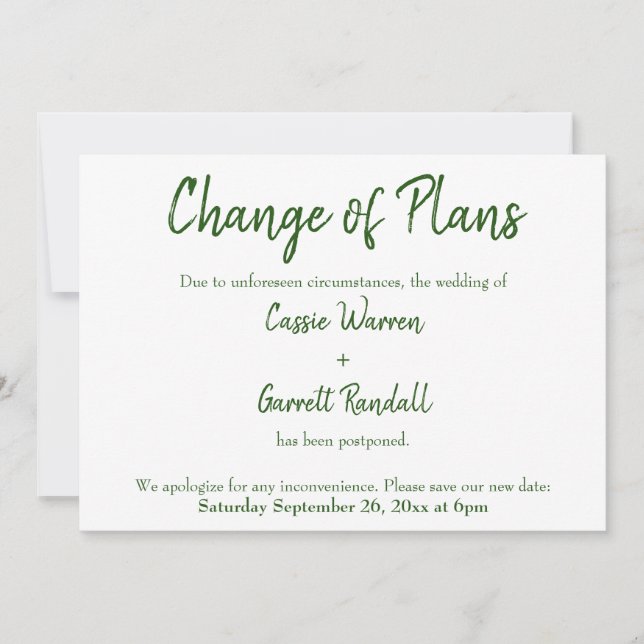 Green White Change of Plans Postponed Wedding Card (Front)