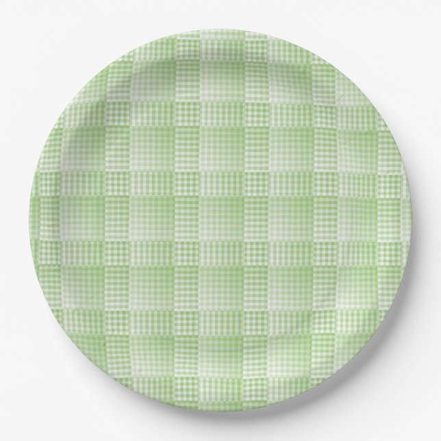 Green White Checker Abstract Pattern Paper Plates (Front)
