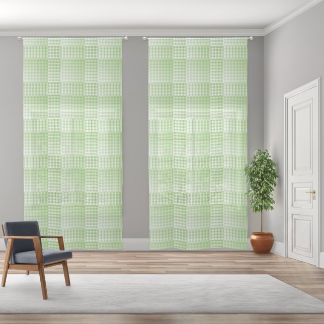Green White Checker Abstract Pattern Sheer Curtains (Wide)