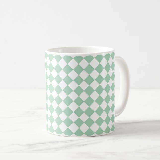 Green White Checker Diamond Pattern Coffee Mug (Front Right)