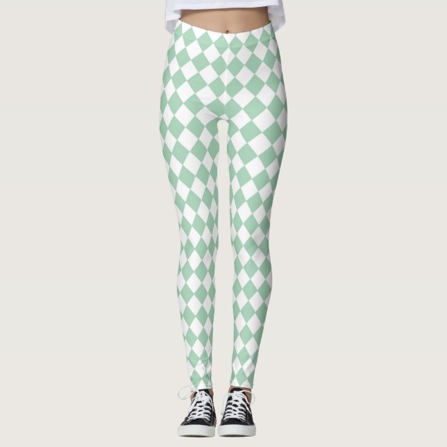 Green White Checker Diamond Pattern  Leggings (Front)