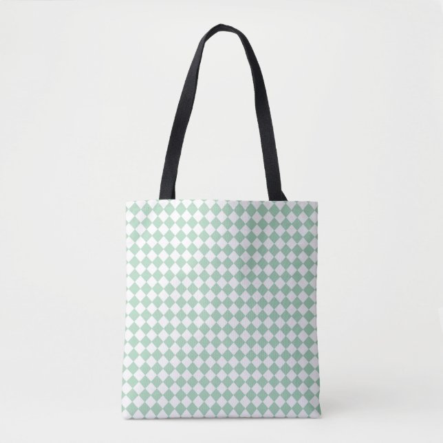 Green White Checker Diamond Pattern Shoulder Tote Bag (Front)