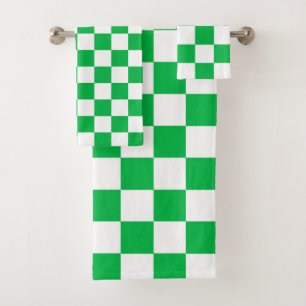 Green White Checkered Check Pattern Bath Towel Set