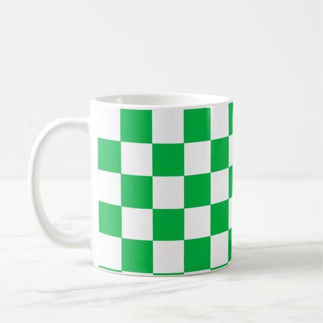 Green White Checkered Check Pattern Coffee Mug (Left)