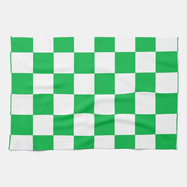 Green White Checkered Check Pattern Kitchen Towel (Horizontal)