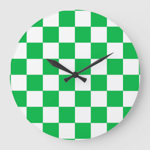 Green White Checkered Check Pattern Large Clock
