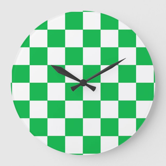 Green White Checkered Check Pattern Large Clock (Front)
