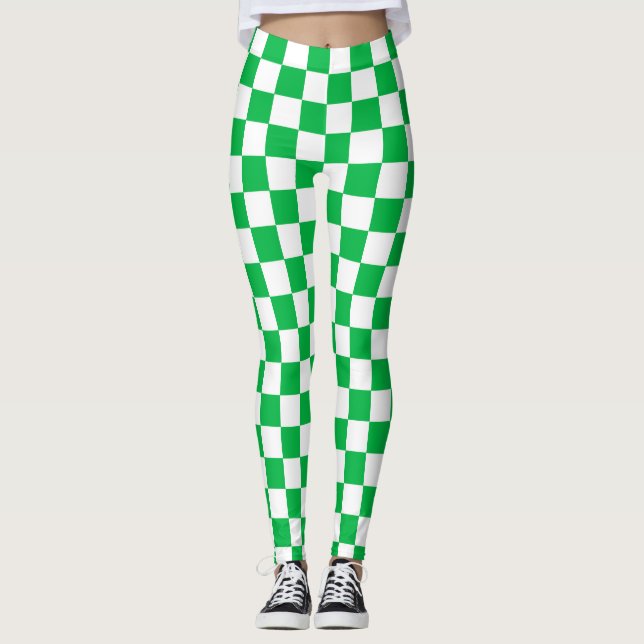Green White Checkered Check Pattern Leggings (Front)