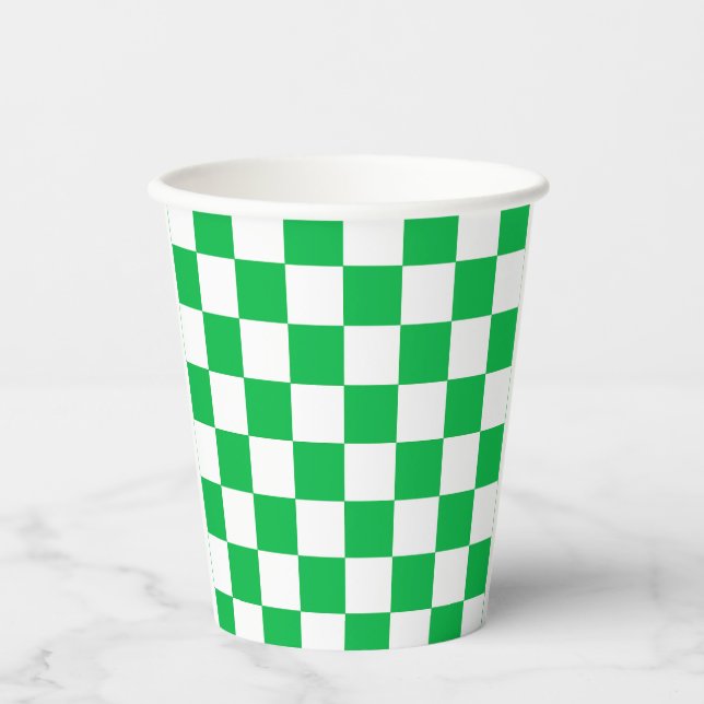 Green White Checkered Check Pattern Paper Cups (Front)