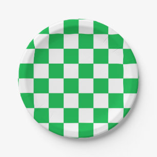 Green White Checkered Check Pattern Paper Plates